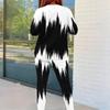 Women Plus Size Two Piece Pants Set Round Neck Long Sleeve Black White Geometric Printed Outfit