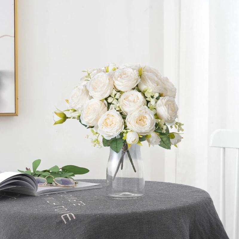 Konstgjorda Blommor Falska Silkesvita Pioner Använda för Hem Rum Vas Dekoration Julkrans Bröllopsbukett Festtillbehör