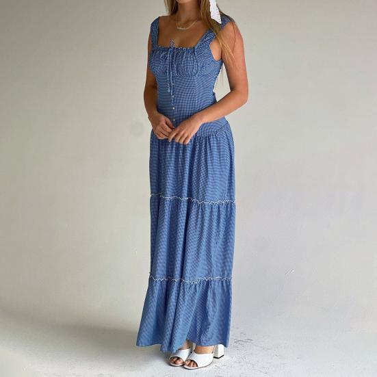 Women's Sleeveless Maxi Dress Gingham Plaid Scoop Neck Smocked Long Dress Ruched