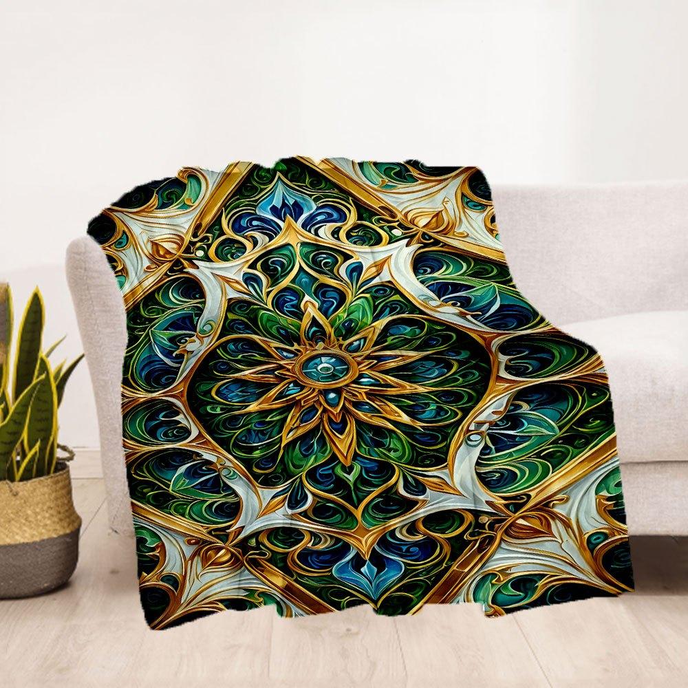 "Golden Mandala Artwork: Vibrant Green & Blue Decorative Pattern"Blanket Flannel Throw Blanket for Sofa, Bed, Travel, Camping, Office, Couch