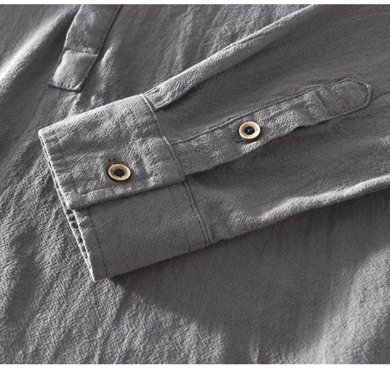 Chinese Retro Style Cotton Linen Tshirt for Men Summer Long Sleeve Top Daily Casual Stand Collar Pullover Men T-shirt 4XL