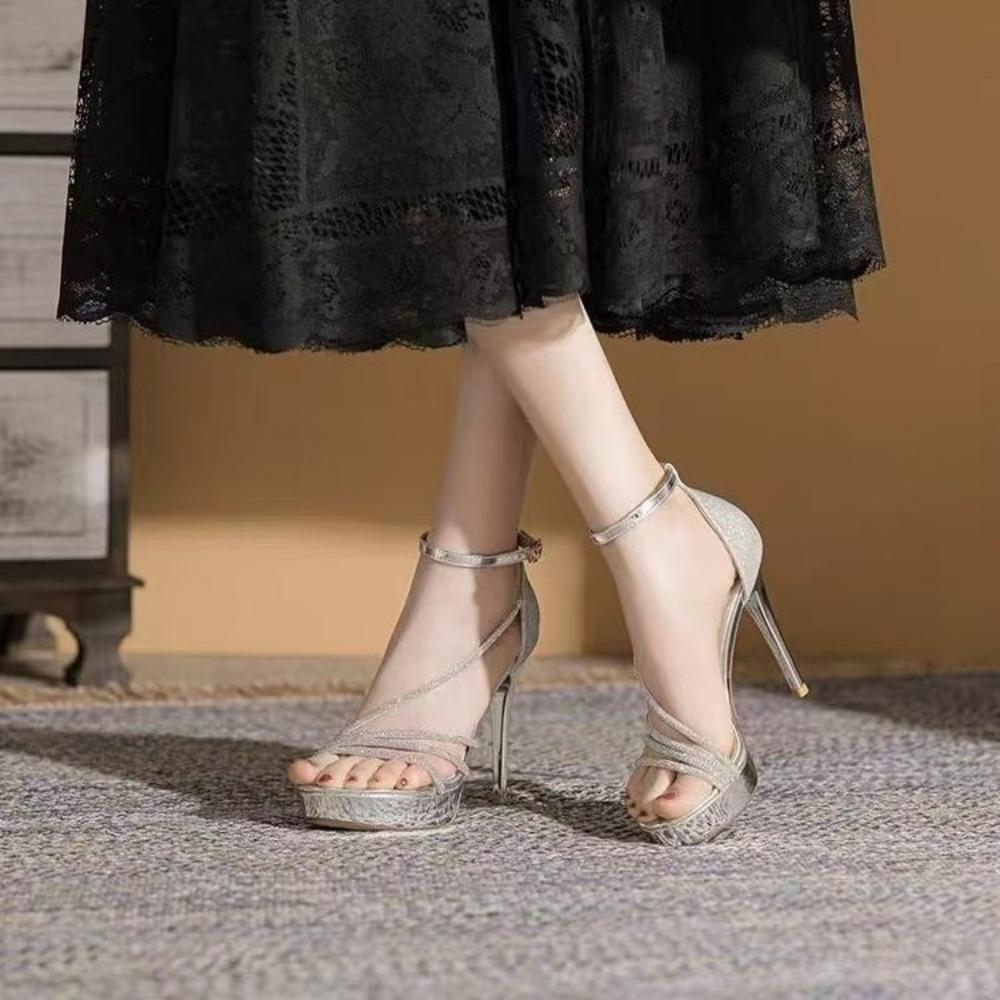 New Fashion Crystal Stiletto Heel Sandals Women Shoes Platform Peep Toe Solid Ankle Buckles Sandals Strap Sexy Summer Party Shoe