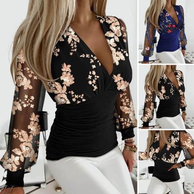 Dámska čipka Patchwork Blúzka s dlhým rukávom Elegantná blúzka s hlbokým výstrihom do V Slim Fit sveter Top Office Lady s výšivkou