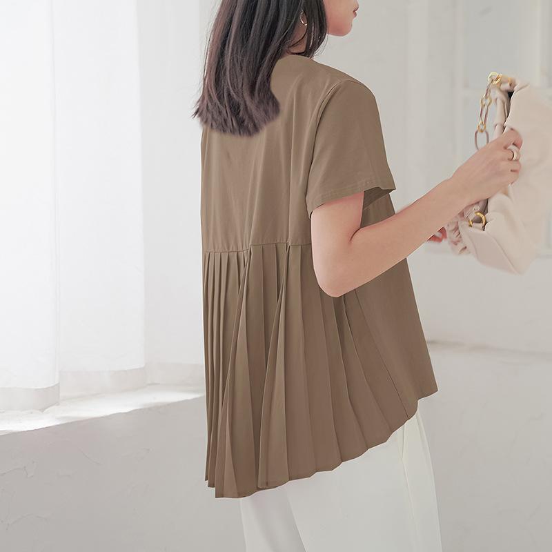 

Женская футболка с круглым вырезом для женщин, однотонная, свободная спинка, плиссированный дизайн, свободный топ L