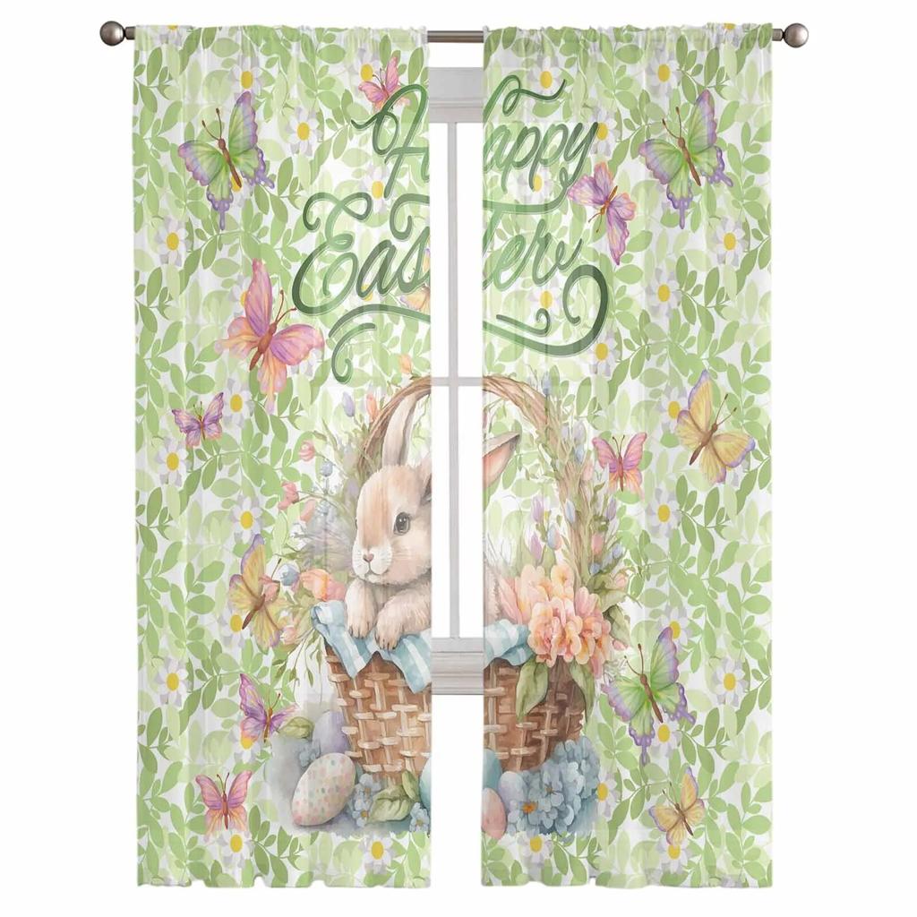 Osterhasen-Blumen-Schmetterlings-Vorhänge für Wohnzimmer, Küche, Fenstervorhänge, Schlafzimmer, Tüll-Voile-Vorhänge