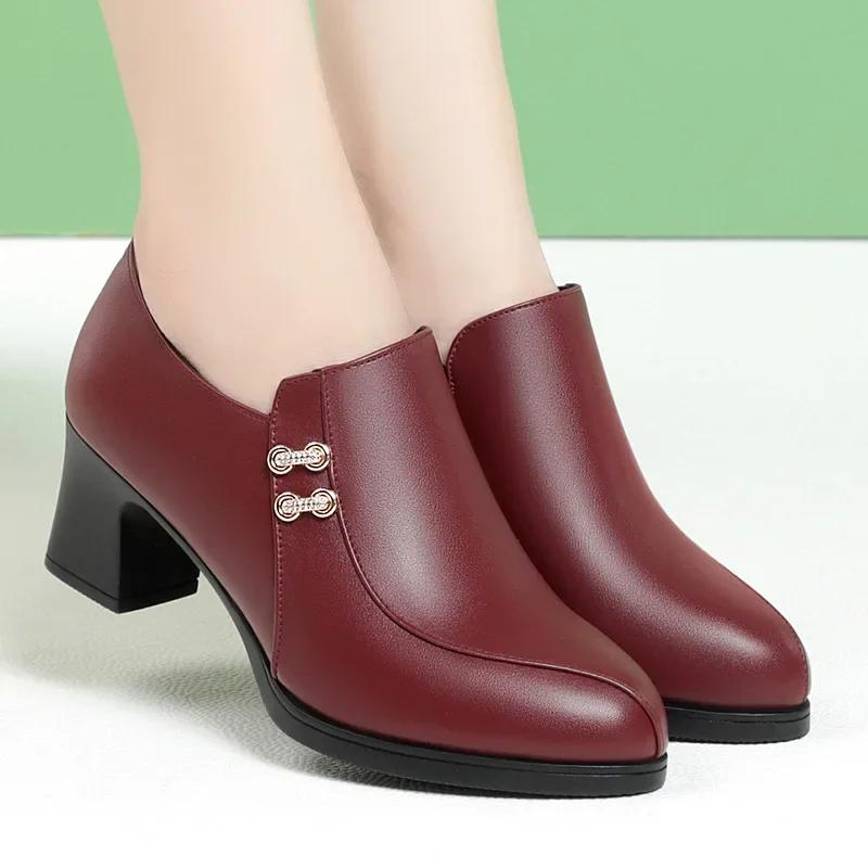 5.5cm Comfortable Deep Mouth Block Heels Platform Pumps Spring Soft Leather Gladiator Office Mom Women 35