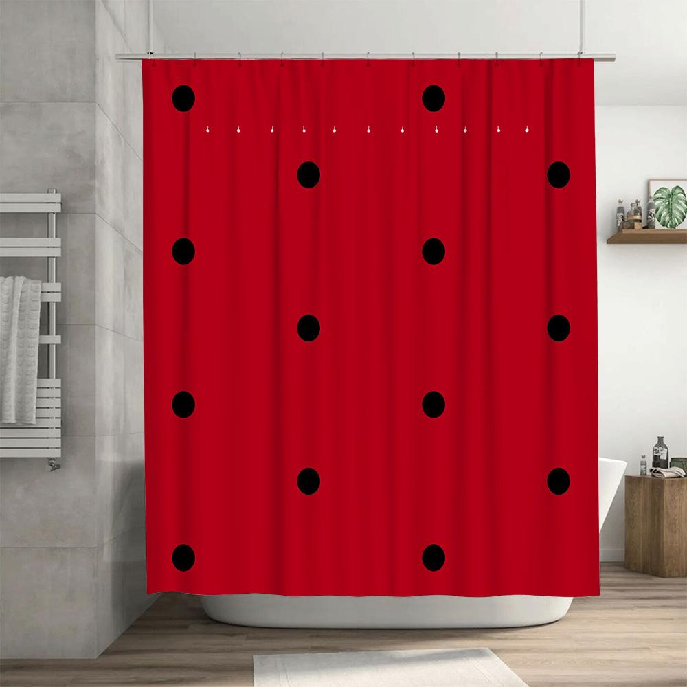 Bright Red Bathroom Shower Curtain with Black Dot Pattern for Home Decor Modern Simple Design (180x240cm)