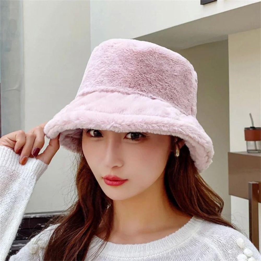 Korean Style Women's Plush Hat Windproof Warm Fisherman Hat Personality Wool Bucket Hat  Winter