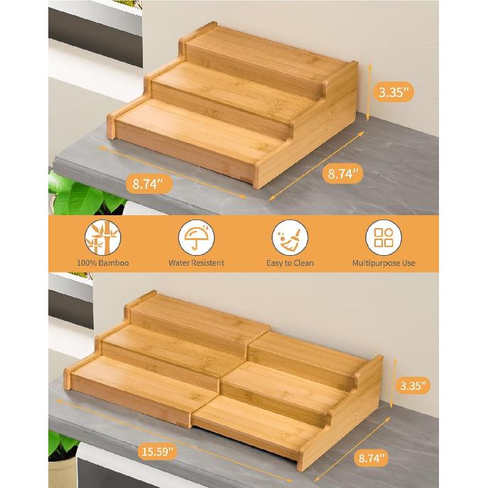 Spice Rack Organizer, 3 Tier Expandable Bamboo Spice Rack Organizer, Great for Kitchen Cabinet, Cupboard, Pantry and More-Bamboo