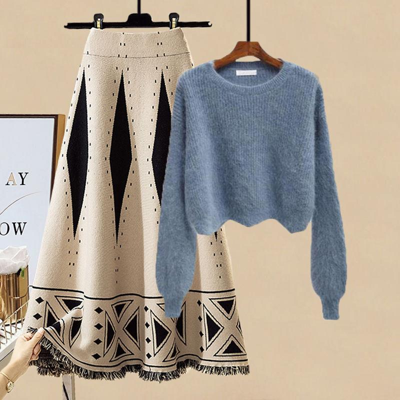 Stor Størrelse Dame Høstmote Strikket Genser 2-Delt Sett Langermet Genser Sexy Kort Topp Og Skjørt med Duskkant