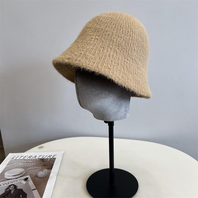 New Imitation Mink Knitted Vertical Striped Bucket Hat Women's Simple Solid Color Warm Fisherman Hat Trendy