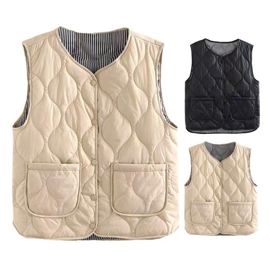 Winter-Schichtweste für Damen, Mantel mit Aufbewahrungstasche, dünn gepolstert, Druckknopfverschluss, V-Ausschnitt, ärmellos, einfarbig, winddicht, wärmespeichernd, Outdoor-Daunen