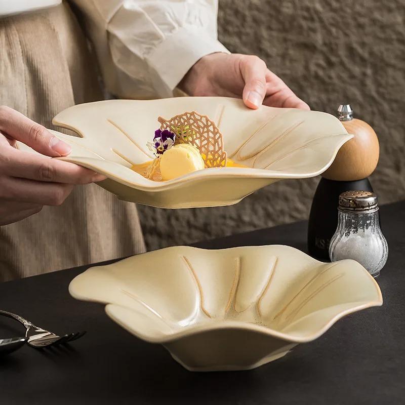 Lotus Dish Dishes Plate Dinnerware Ceramic French Tableware Wedding Table Decor Dessert Fruit Salad Bowl Pasta Steak Sushi Plate