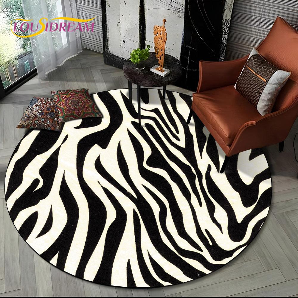 3D Barevný Pruhovaný Vzor Zebra Kulatý Koberec pro Obývací Pokoj, Ložnici, Dětský Herní Koutek Dekor, Protiskluzová Podložka do Zóny pro Domácí Mazlíčky