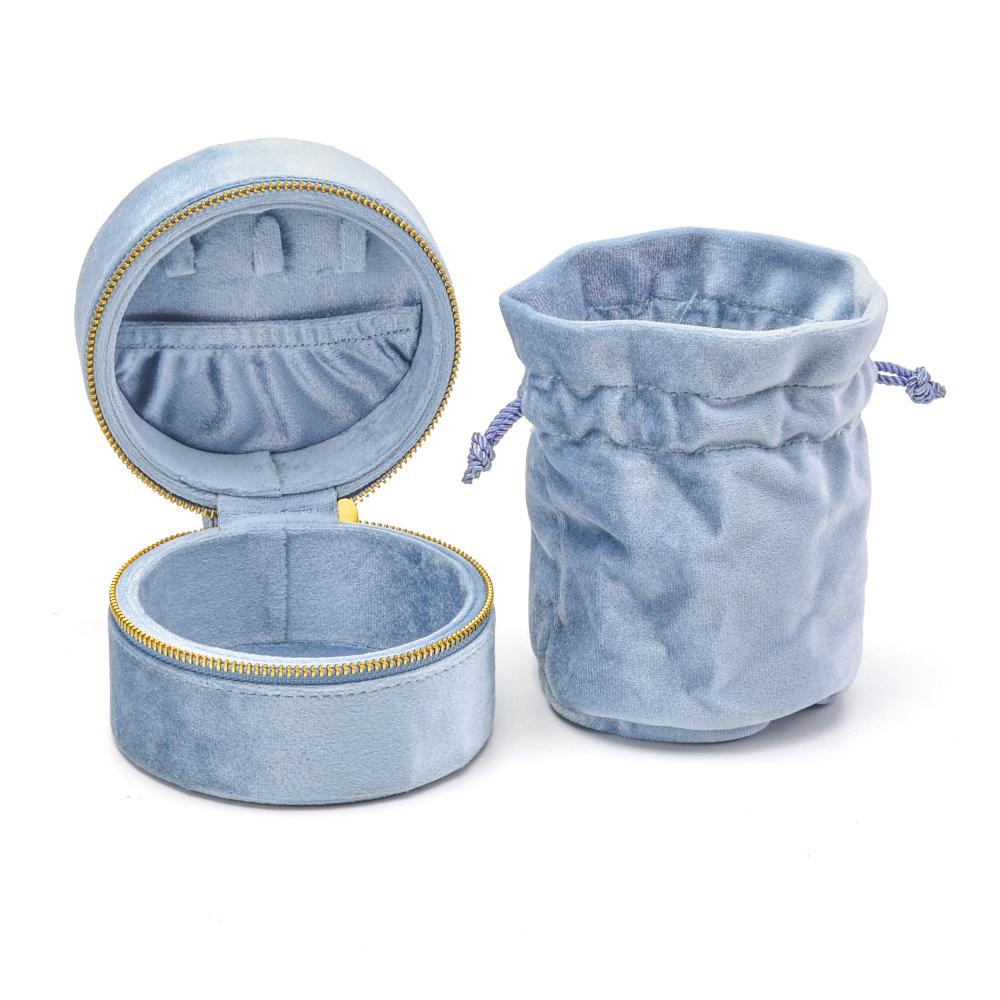 New Round Zipper Luxury Velvet Jewelry Box with Drawstring Pouch Portable Ring Earrings Necklace Jewelry Storage Box Custom Logo Velvet