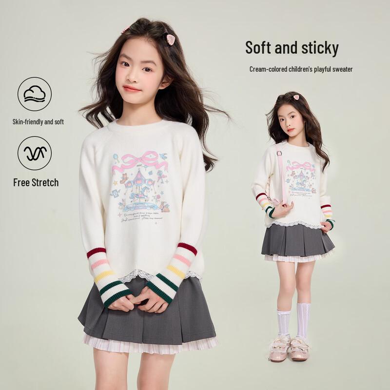Girls Color-Blocked Round Neck Knit Sweater 150