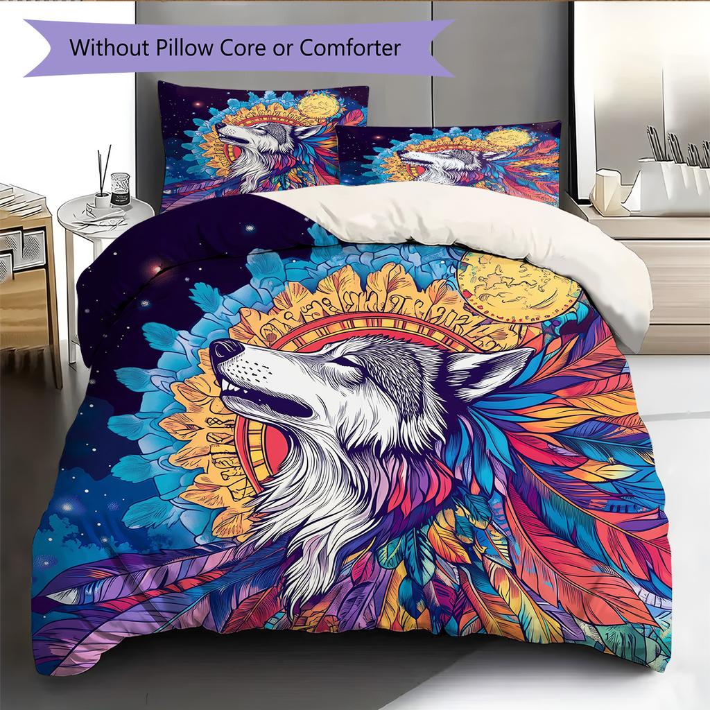 Colorful wolf  Pattern Bedding Quilt Set Quilt Cover Pillowcase Home Decoration  Gift (1 * duvet cover + 2 * pillowcase, without core)