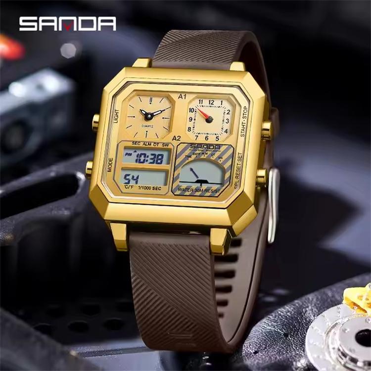SANDA 6210 Men's Electronic Digital Watch Square Multifunctional Temperature Date TPU Strap Display Wrist Watches