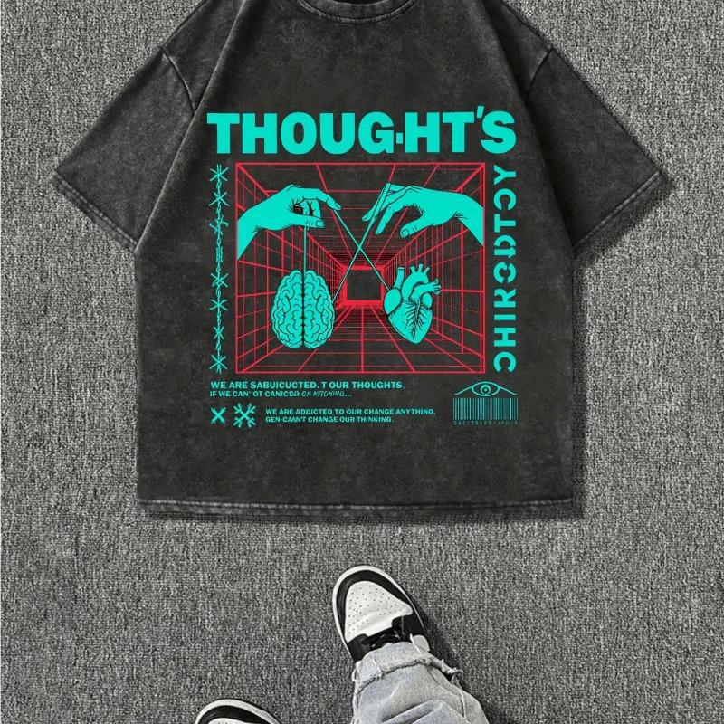 European Size Men's Heavyweight Vintage Washed Cotton T-Shirt - Oversized Y2K Cyberpunk Streetwear with Turquoise Brain & Heart Print,Hip-Hop Shirt