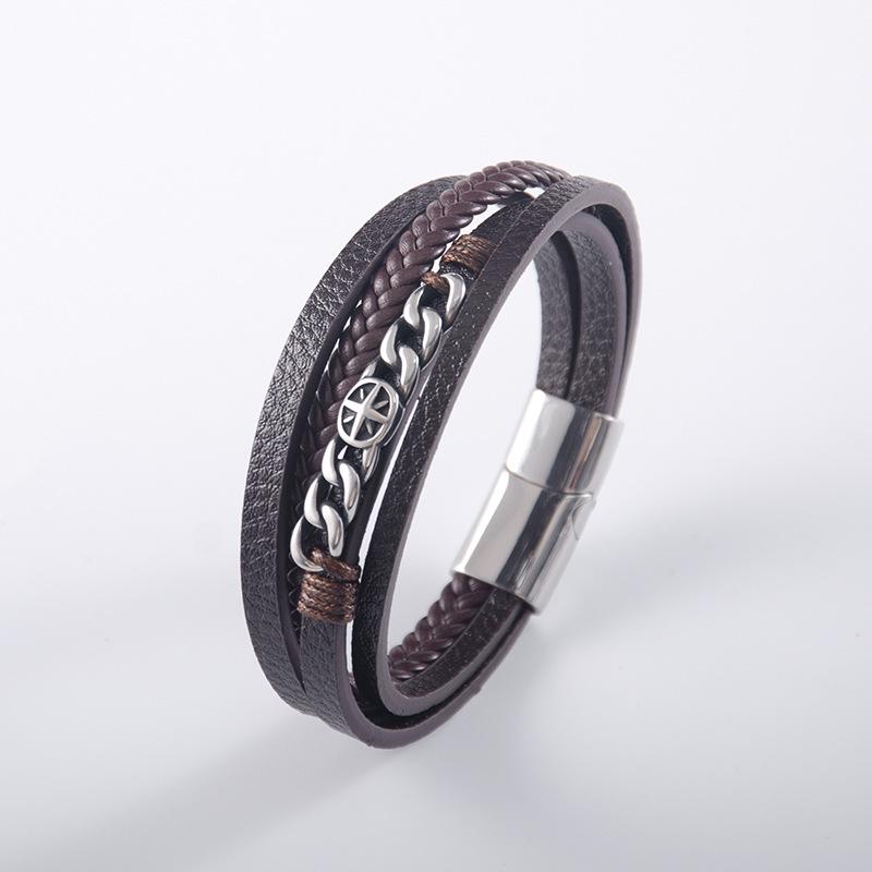 Мужской браслет-цепочка из нержавеющей стали и плетеной кожи Brown Leather Alloy Bracelet with Cross