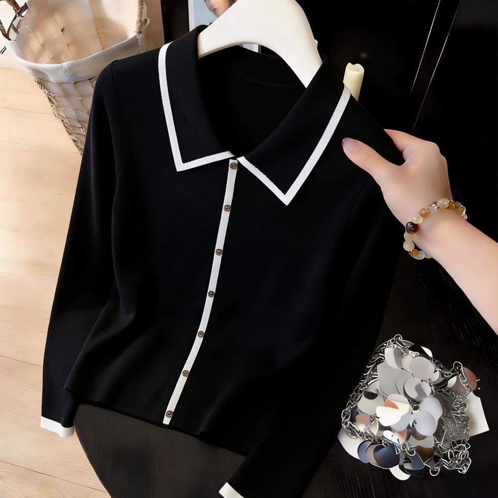 2026 Women's Color Block Long Sleeve Lapel Sweater - Fresh Spring/Autumn Knitwear