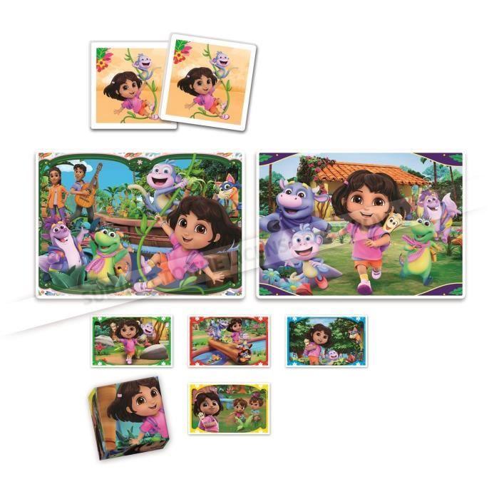 CLEMENTONI - Edukit 4 en 1 - Dora - Puzzle, Mémo, Cubes - Apprentissage Préscolaire Ludique - Idée Cadeau pour Enfants