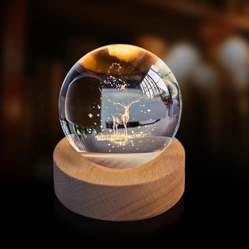 Remote Control Crystal Ball Night Light with Wooden Base – 3D Carving Luminous Glass Ornament, Perfect for Birthdays.