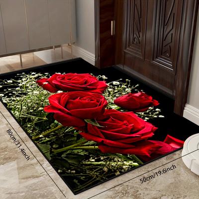 1Pcs Rose Pattern Floor Mat Modern Kitchen Polyester Rug Non-Slip Colorful Indoor Carpet, For Home Bathroom Bedroom Living Room Decor
