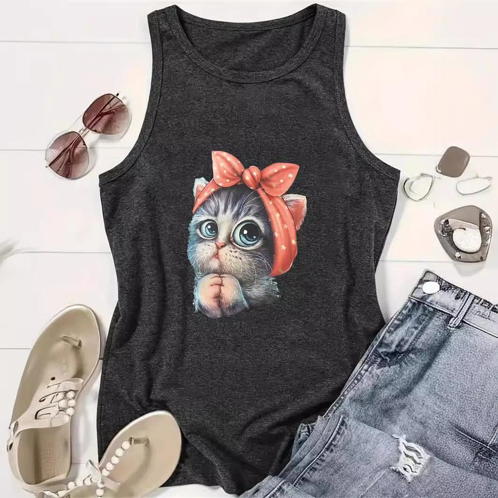 Cat-printed Women's Round-neck Vest for Spring and Summer Casual Sleeveless Top