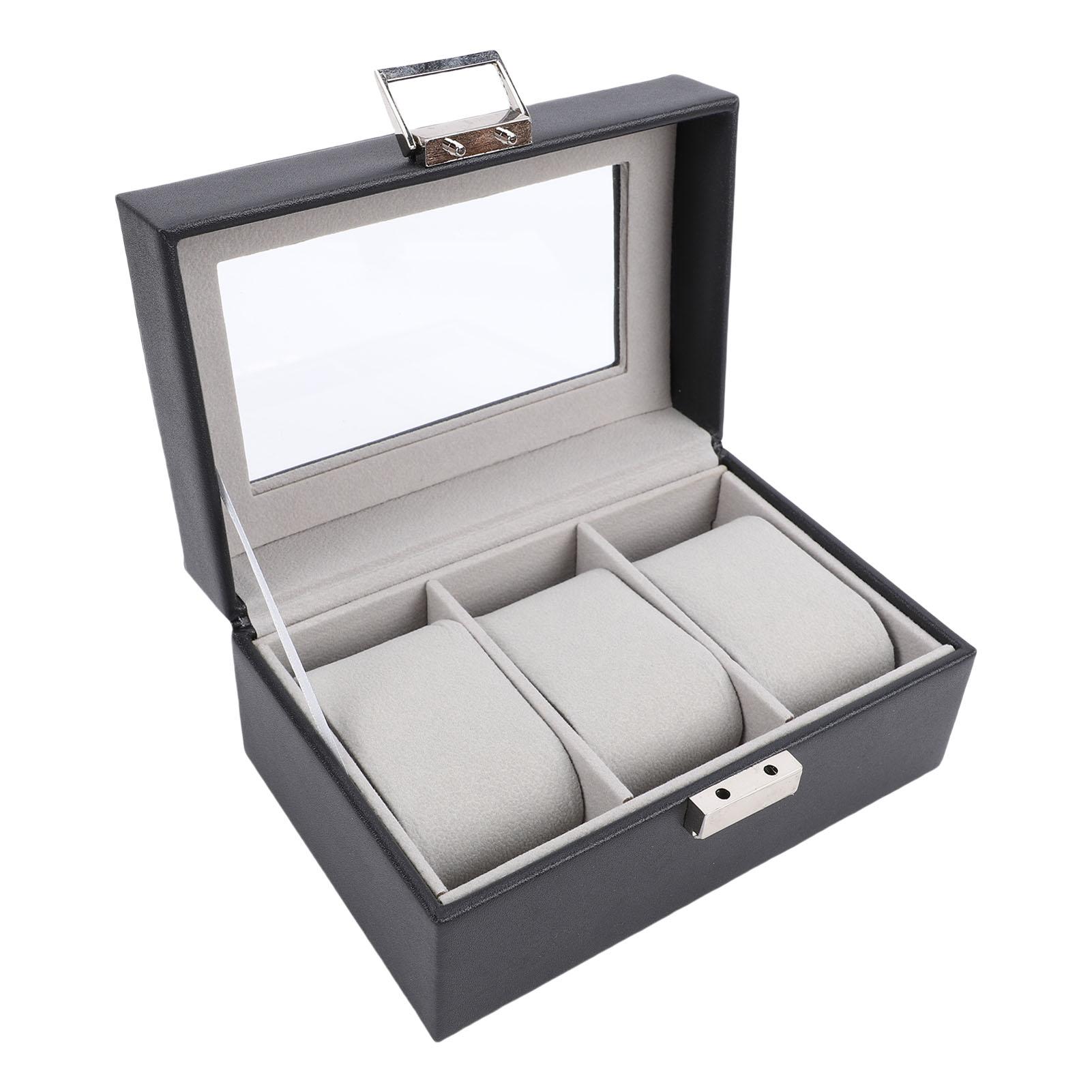 

3 Slot Watch Box Case with Glass Top Removable Watch Pillow Dust Proof Watch Holder Black