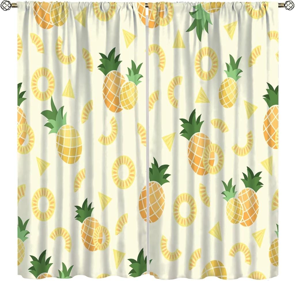 Fruit Window Curtains,Pink Cute Strawberry Green Leaves Flower Retro Art Print Window Drapes for Kids Girls Bedroom Living Room