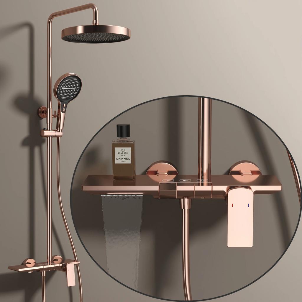 Hot Cold Bathroom Shower System Faucets 12 Inch Round Rain Shower Head Brushed Rose Gold Hot Cold Waterfall Bathroom Shower Set