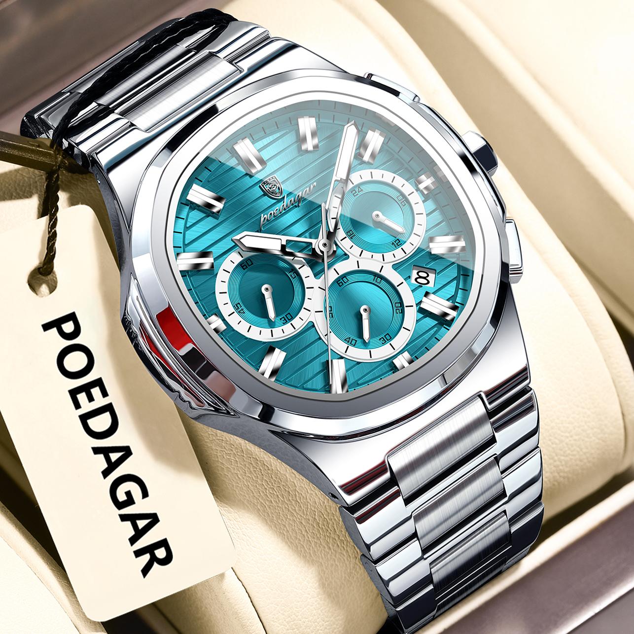 

POEDAGAR Business Man Wristwatch Date Chronograph Waterproof Luminous Luxury Watch Stainless Steel Quartz Watches Male небесно-голубой/серебряный