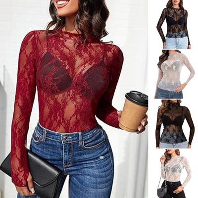 Dámské topy s dlouhým rukávem, slim fit, sexy, průsvitné, květinové