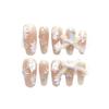 100% HANDMADE Artificial Nail Medium Coffin Shape French Bow Crystal Ice Transparent Gradient Carving Press On Nails Fake Nails Reusable