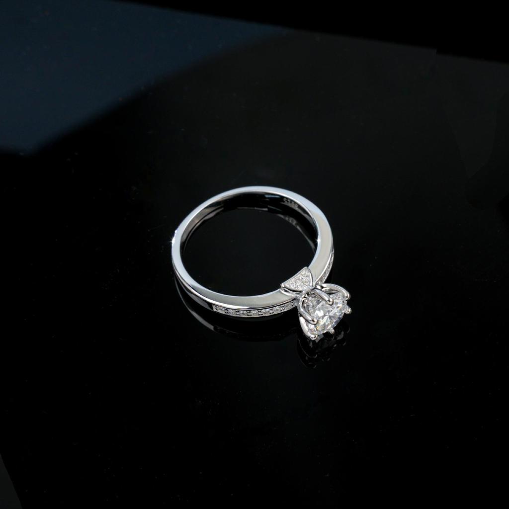 Sterling Silver Six-Prong Stone Ring with Diamond Band - Elegant Proposal/Engagement Jewelry for Women