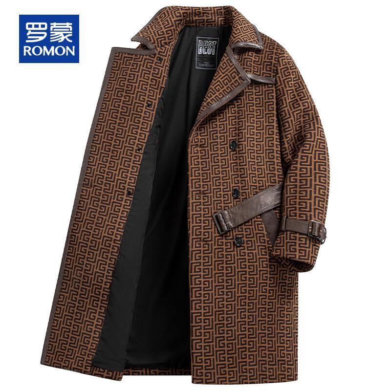 ROMON Men's Autumn/Winter 100% Wool Mid-Length Plaid Overcoat