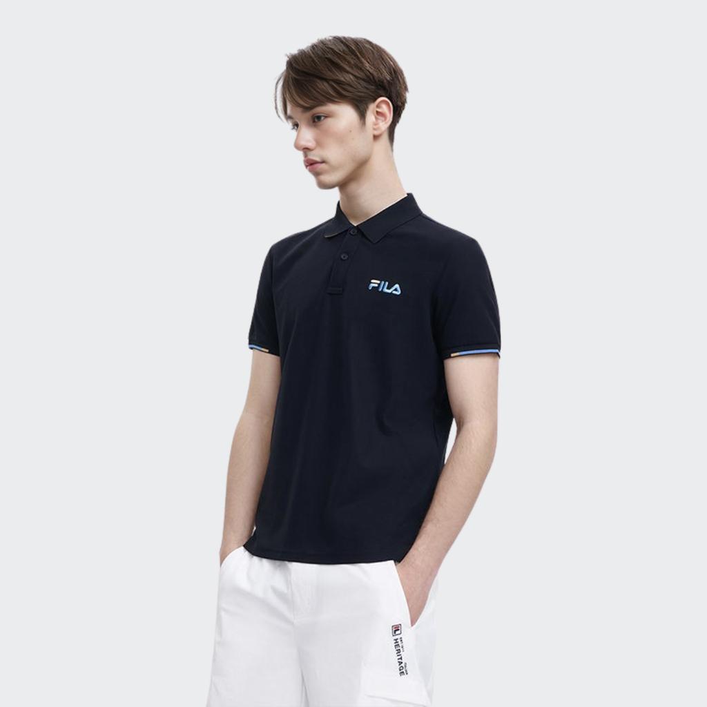 Fila Série Heritage Cor Sólida Logotipo Bordado Casual Respirável Polo de Manga Curta Masculino Polos Preto F11M328117FBK