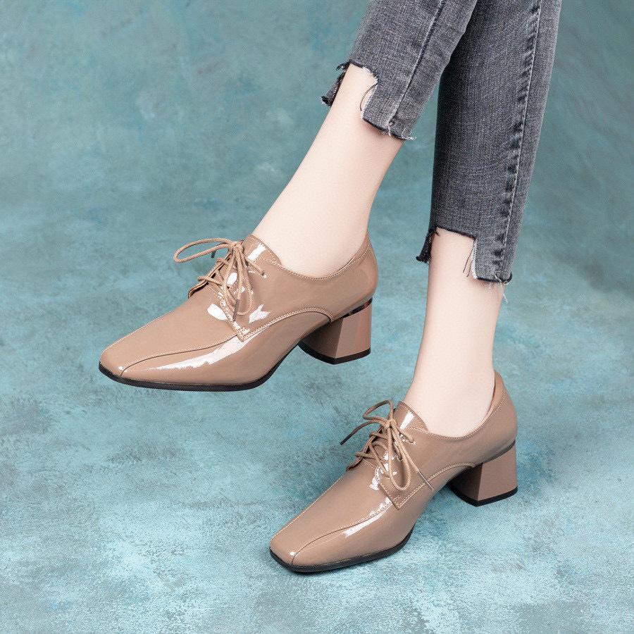 

Женские туфли с квадратным носком, глубоким вырезом, одинарные, осенне-зимние, новые, на шнуровке, из коровьей лакированной кожи, на толстом каблуке, на высоком каблуке, женская модная обувь 40 абрикосовый