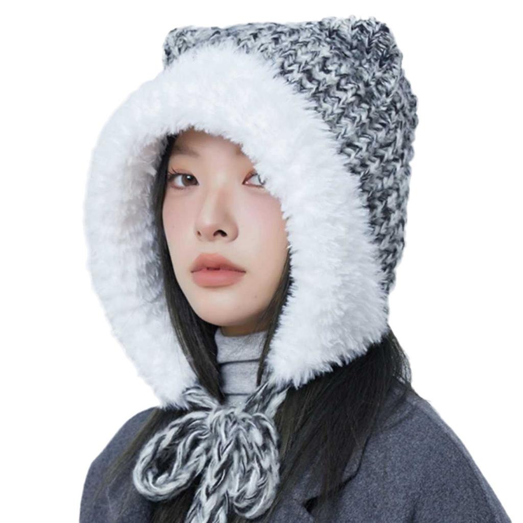 Cute Plush Knitted Hat with Cat Ears Big Head Circumference  Face Showing Small Colorful Thick Woolen Contrasting Color Ear Protection Hat