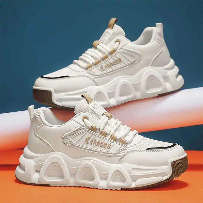 Thick Heel Natural Leather Sneakers Men Genuine Trainers For Mens Silver Shoes For Men Sport Comfort Trend Clearance