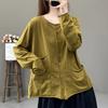 Sommer Damen T-Shirt Baumwolle Rundhals Einfarbig Langarm Koreanische Mode Lässig Taschen Damen Cardigan Bluse Weiblich