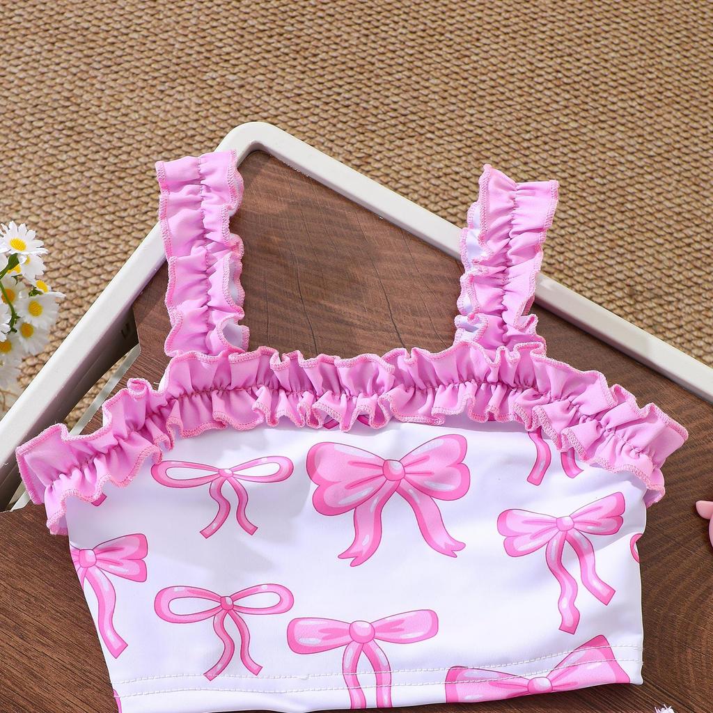 2Pcs Girls Bow Print Ruffle Bikini Set Kids Swimwear Swimsuit