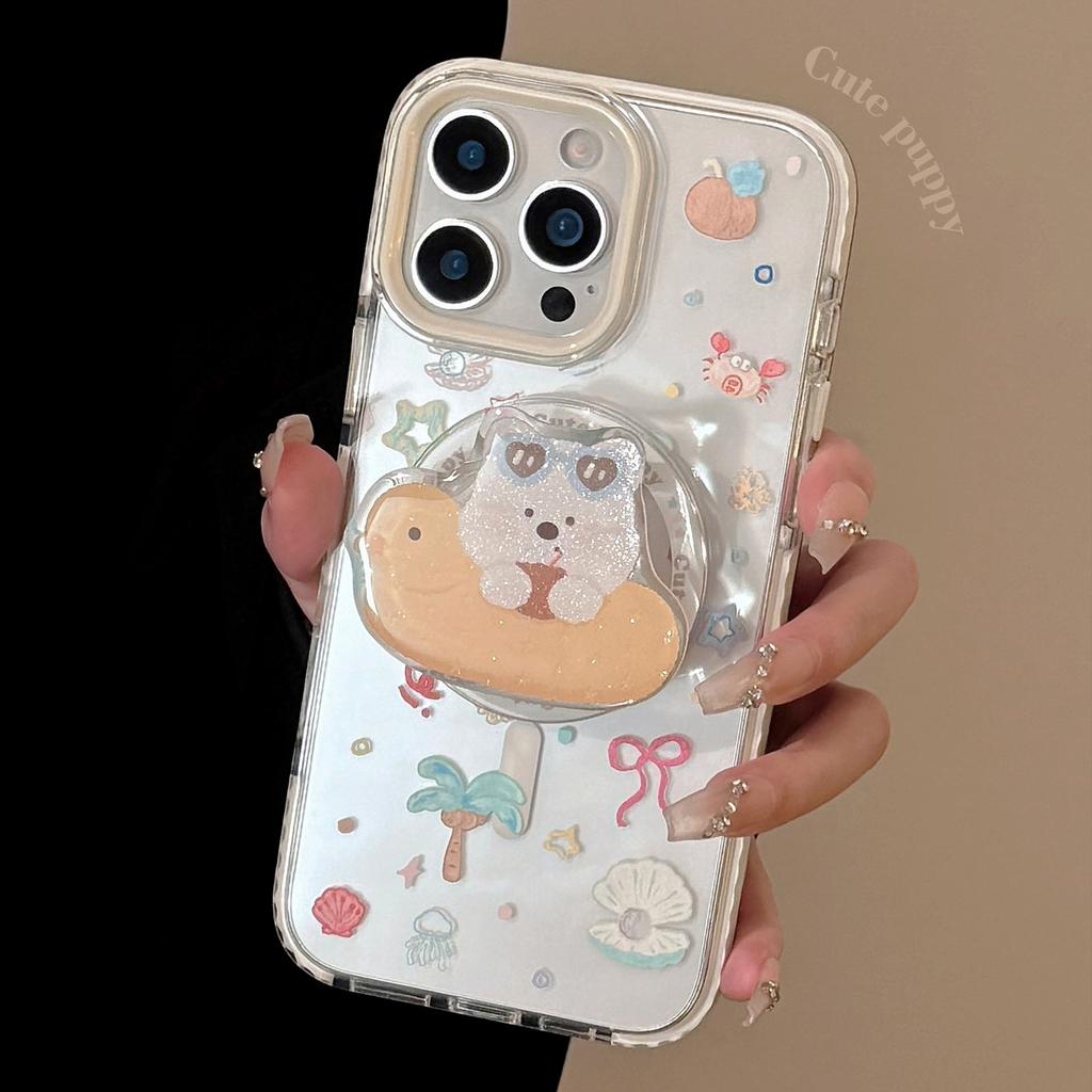 Glitter Summer Puppy Magnetic Stent for 16promax Transparent IPhone 15 Mobile Phone Case 14 Anti-fall 11 Soft