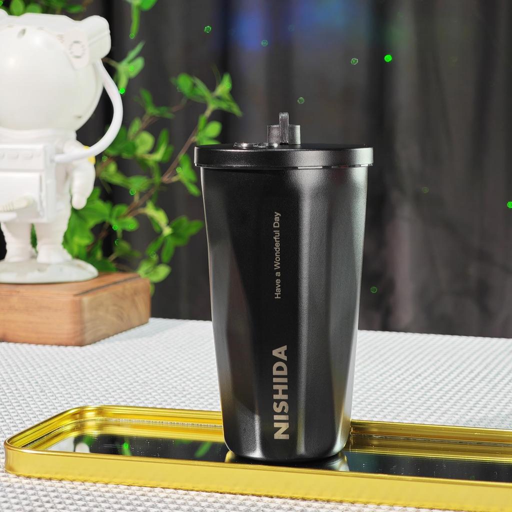 Nishida Straw Stainless Silicone Ice Vacuum 600ml Tumbler, Insulated, Cold, Lid, Tumbler, Stylish, Office, Steel, Outdoor, Compact, Stick-Shaped