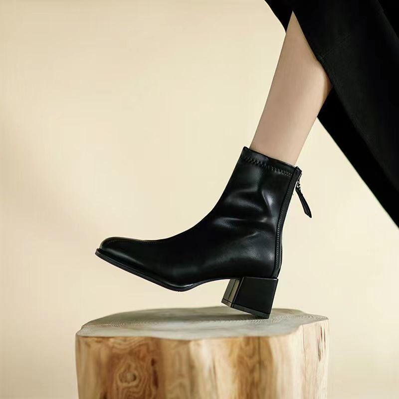 Fashion Square Toe Soft Leather Autumn Winter Female Short Shoes Elegant with Medium Heels Women's Ankle Boots Trend 2025 New in Booties