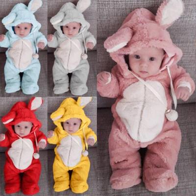 Infant Baby Boys Girls 3D Bunny Ear Fleece Cotton Romper Jumpsuit Playsuit Autumn Winter Warm Clothes for 0.5-3 Years