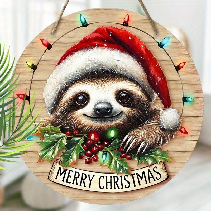 Weihnachtsdekorationsschild, hängende Innendekoration, 2D flache Holzprodukte mit Faultier im Weihnachtsmannhut-Muster, Weihnachtsgeschenke für Freunde und Familie