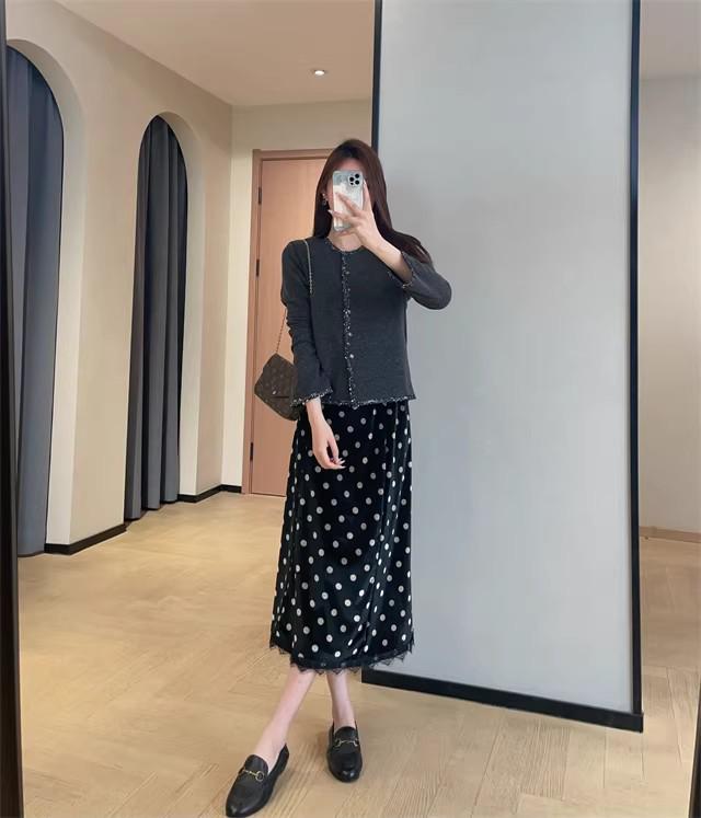 2026 New Year Women's Velvet Polka Dot A-Line Midi Skirt with Lace Hem