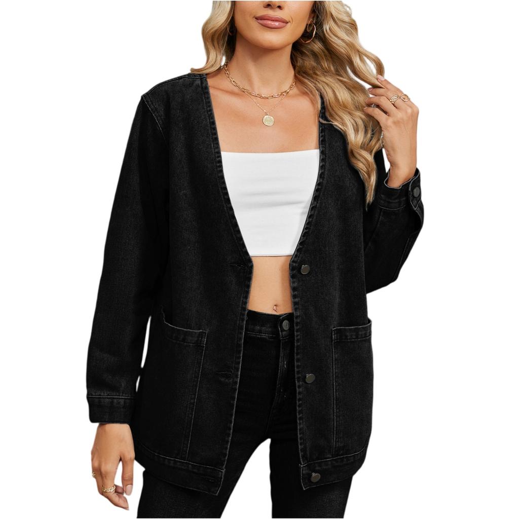Women's Fashionable Versatile Classic Retro Solid Color V Neckl Long Sleeved Pocket Loose Denim Jacket